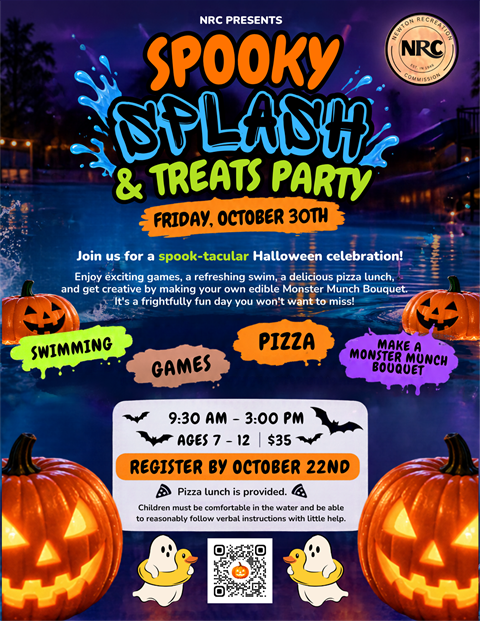 spooky splash and treats party Friday, October 30th. Join us for a spook-tacular Halloween celebration! Enjoy exciting games, a refreshing swim, a delicious pizza lunch, and get creative by making your own edible monster munch bouquet. It's a frightfully fun day you wont want to miss! 9:30 A.M. to 3:00 P.M. ages 7-12. $35. Register by October 22nd. Pizza Lunch is provided. Children must be comfortable in the water and be able to reasonably follow verbal instructions with little help.